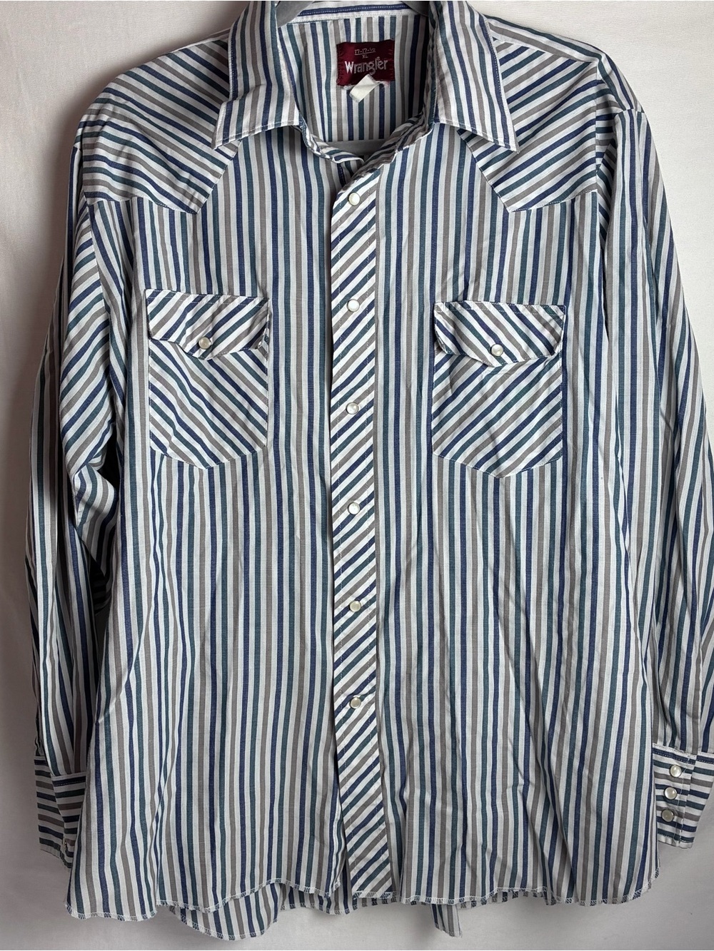Vintage Wrangler Western Shirt XL Pearl Snap Striped Blue Grey Cowpoke Cowboy